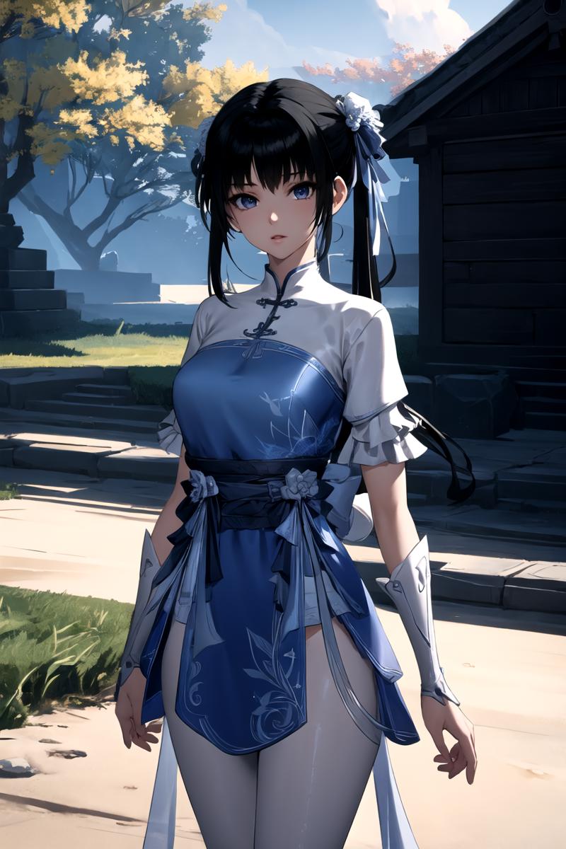 00393-2534843319-masterpiece,best quality,extremely detailed 8K wallpaper,1girl,zhaolinger,blue and white dress,black hair,standing,looking at vi.png